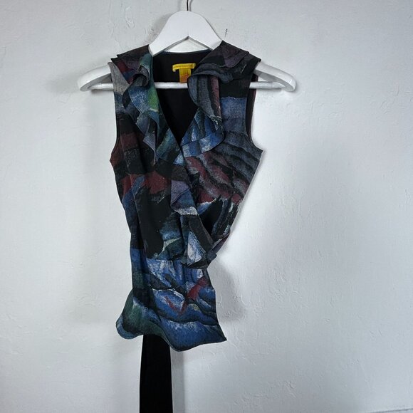 Catherine Malandrino Womens Abstract Ruffle Sleeveless Blouse Size 6 Silk Blend - Picture 1 of 7